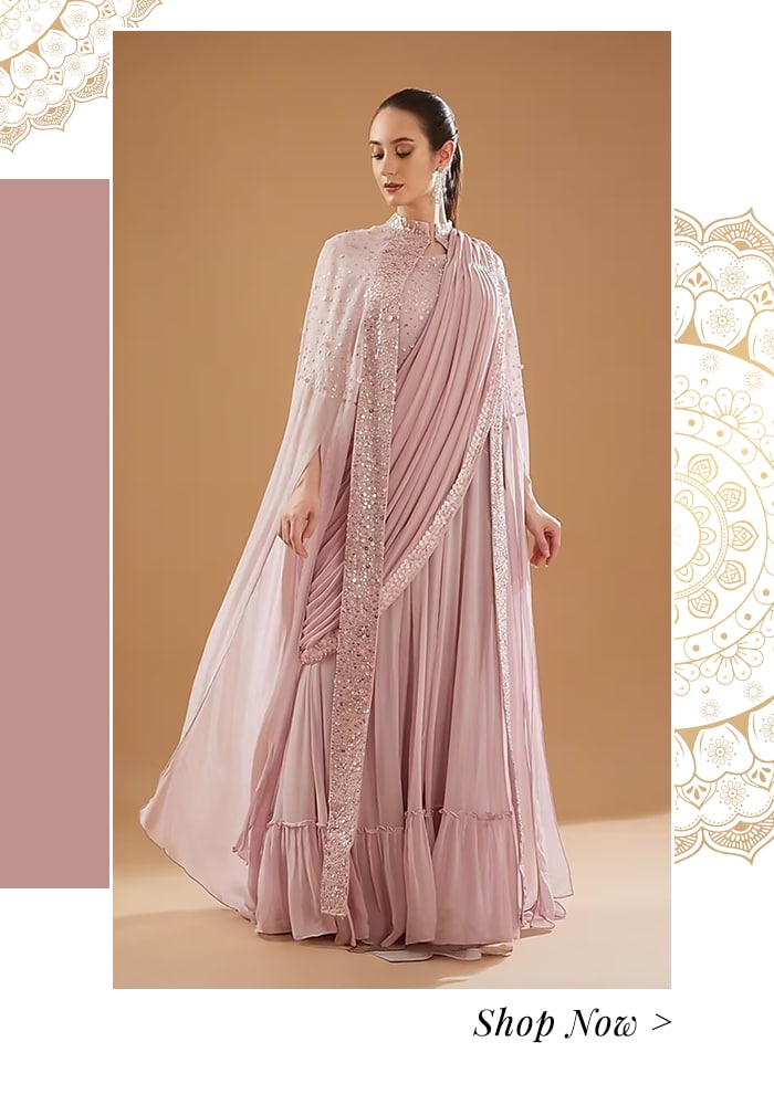 Purple saree gown with cape