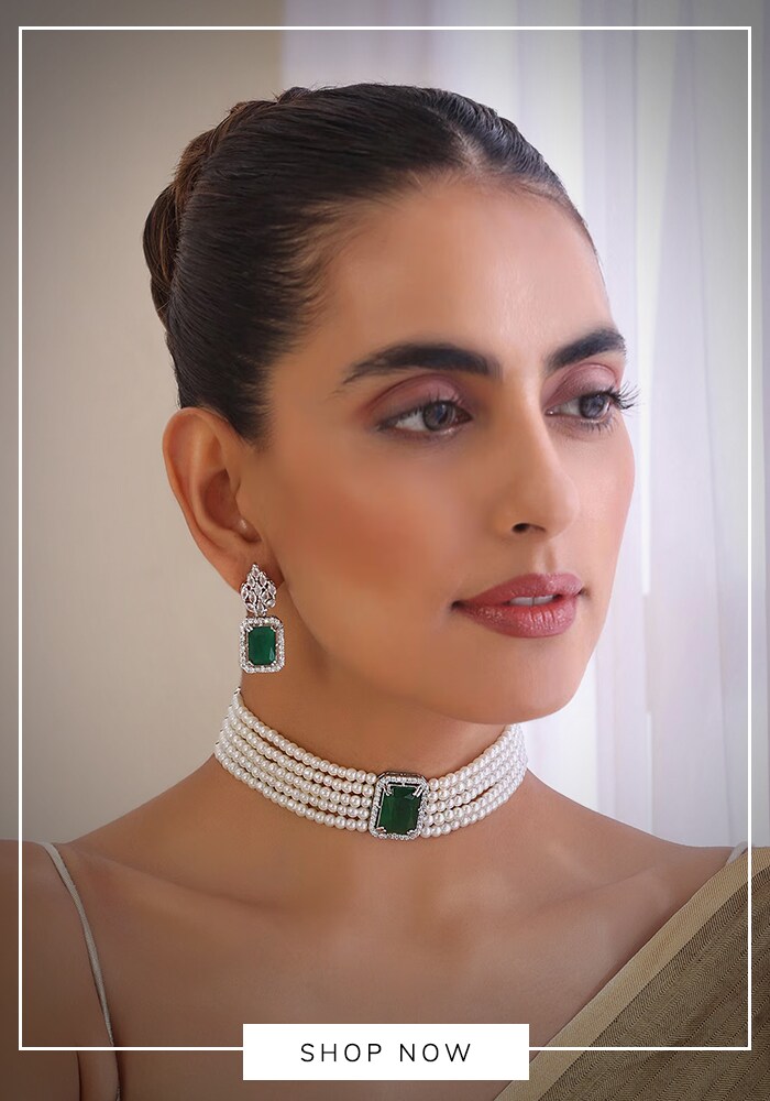 Emerald Pearl Choker Necklace Set