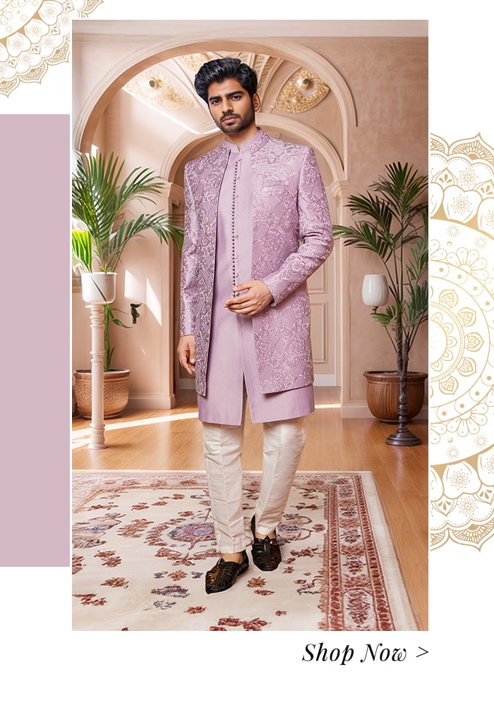 Geometric thread embroidered sherwani
