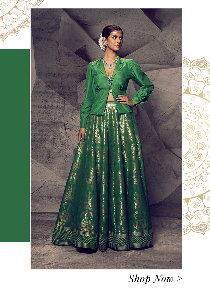 Model wearing green jacket lehenga