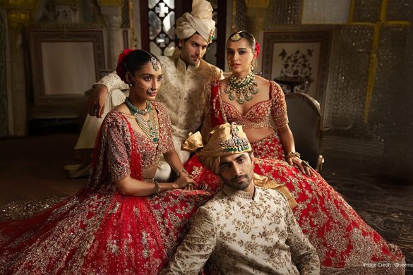 Models dressed as brides and grooms