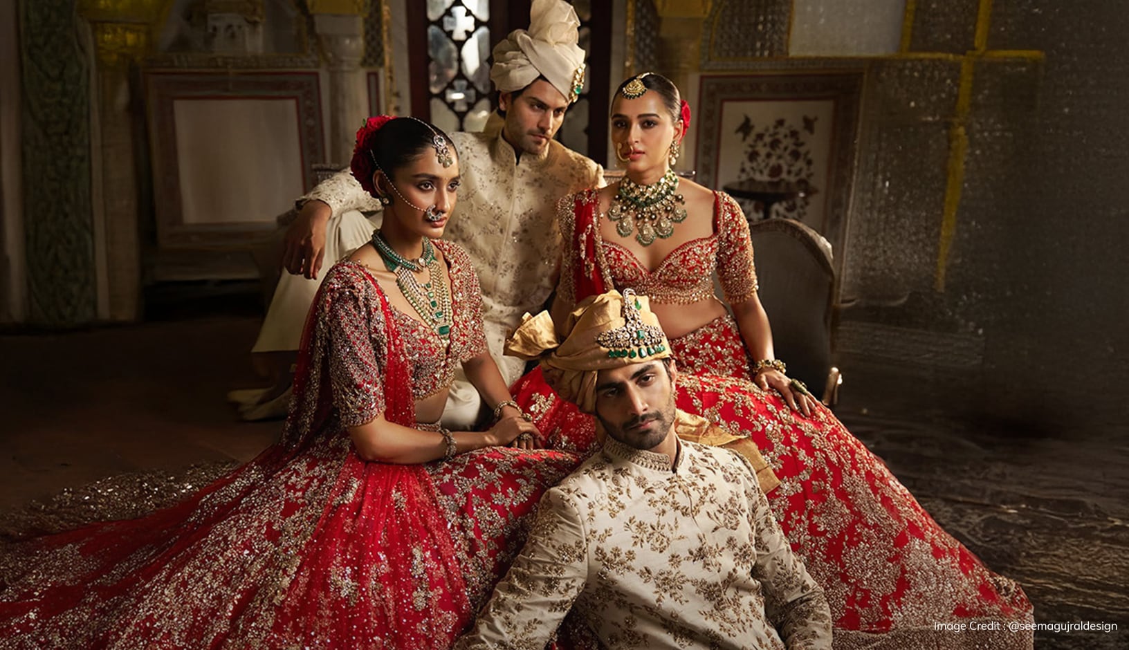 Models dressed as brides and grooms