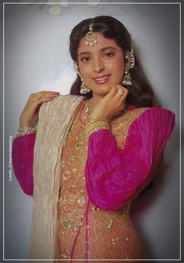 Juhi Chawla wearing Manish Malhotra designing in 1990 Bollywood film