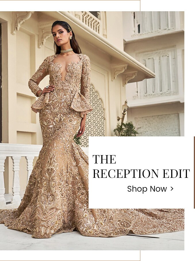 Model wearing a structured gown