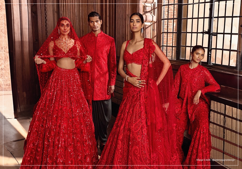 Models wearing red wedding outfits