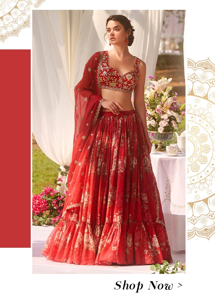 Red organza floral printed lehenga