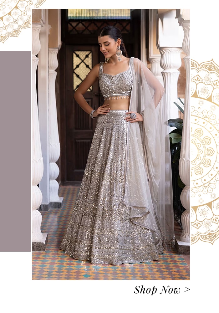 Model wearing a silver sequin lehenga set