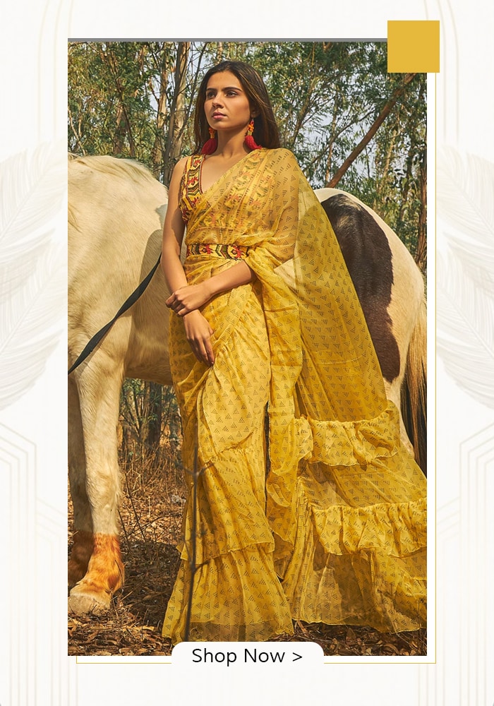 Yellow ruffle saree