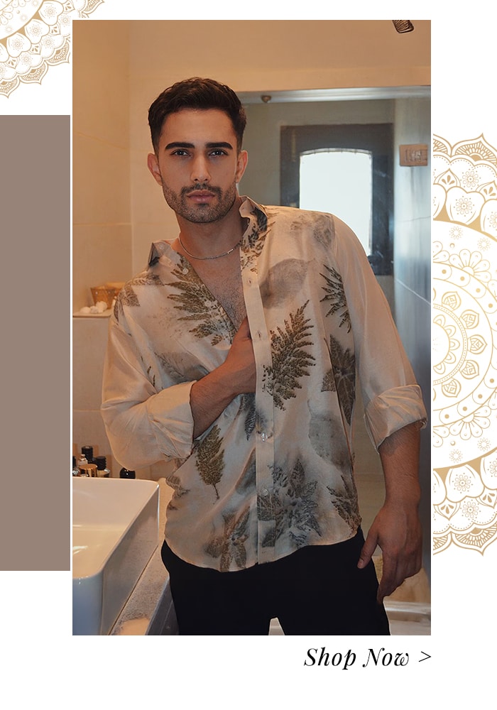 Leaf printed men's white shirt