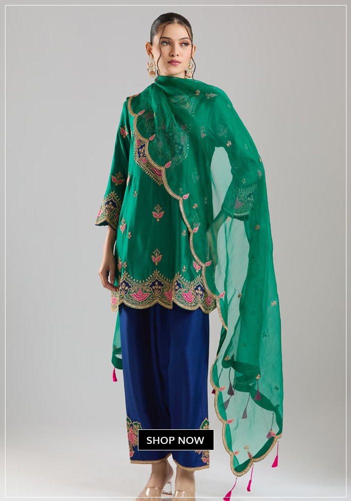 5. Tulsi Green + Peacock Blue: Vivid & Divine 