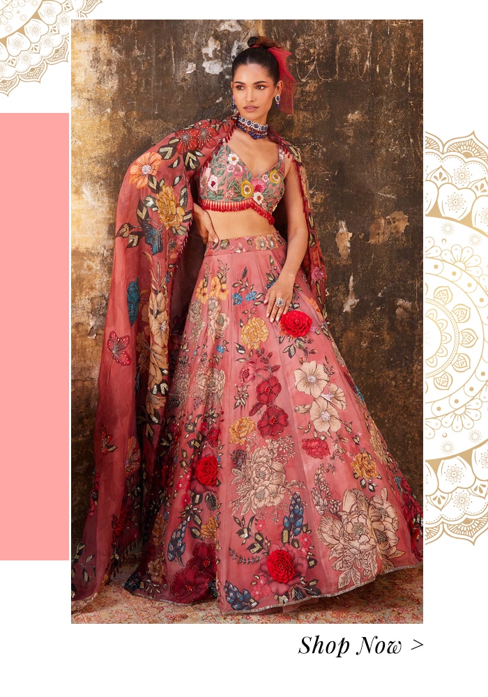 A Fairytale Indian Wedding at Oheka Castle: Bridal & Bridesmaid Fashion, Budget, and More 3 Model wearing a pink 3D floral applique bridal lehenga