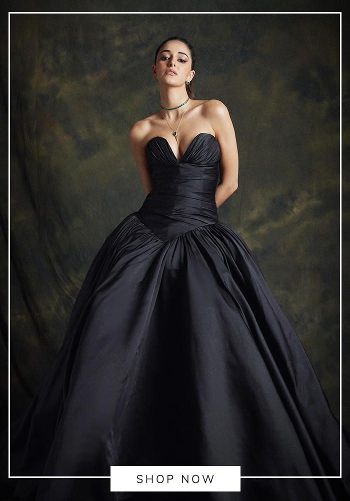Ananya Panday in Gauri and Nainika black off-the-shoulder dress