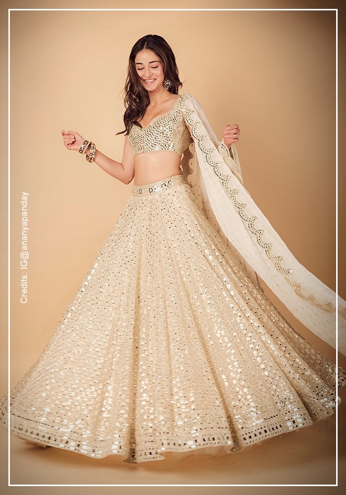 Ananya Panday in ivory mirror-work Abhinav Mishra lehenga