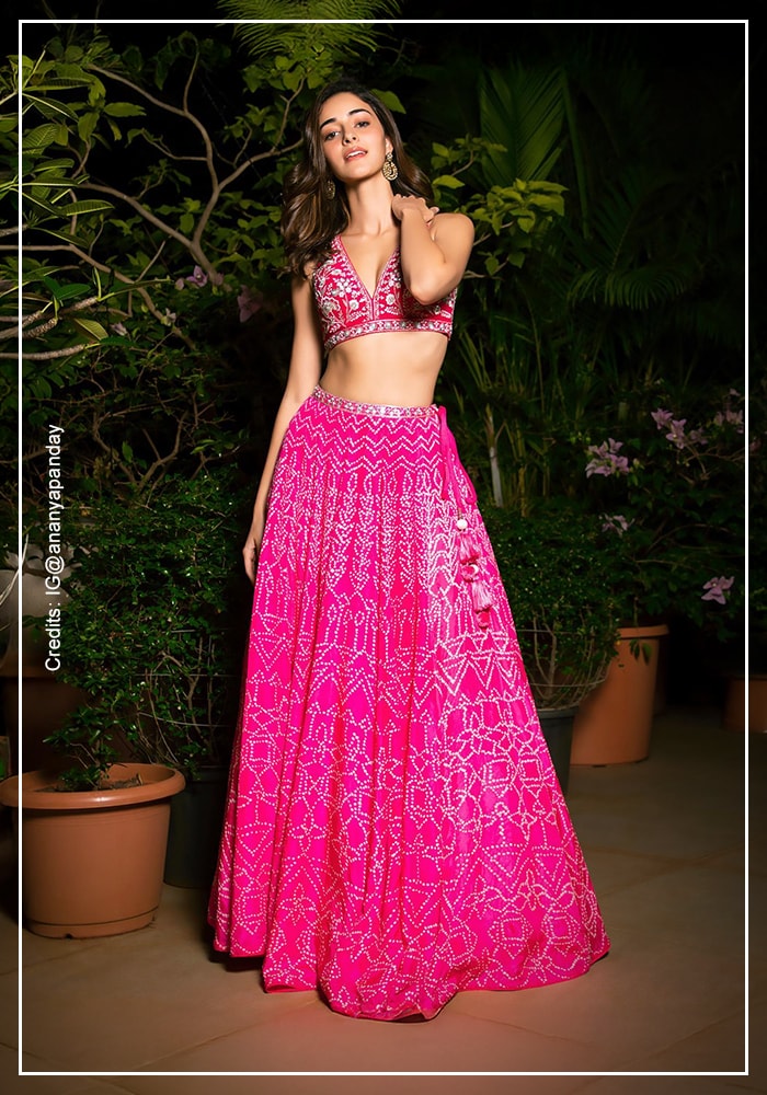 Ananya Panday in pink Bandhani lehenga