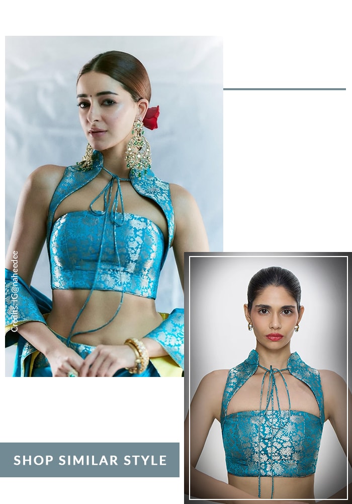 13 Celebrity-Approved Blouse Sleeve Designs You’ll Want to Copy for Weddings and Parties 3 Ananya Panday inspired halter-neck blouse sleeve