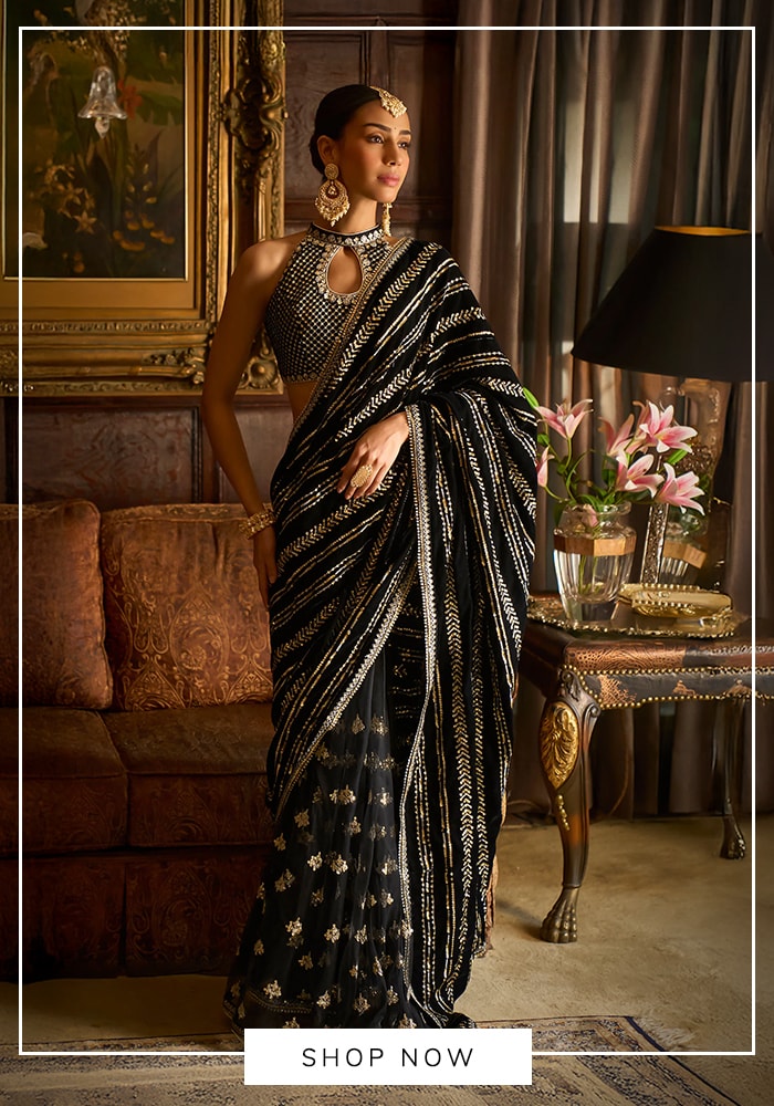 Black sequin velvet saree