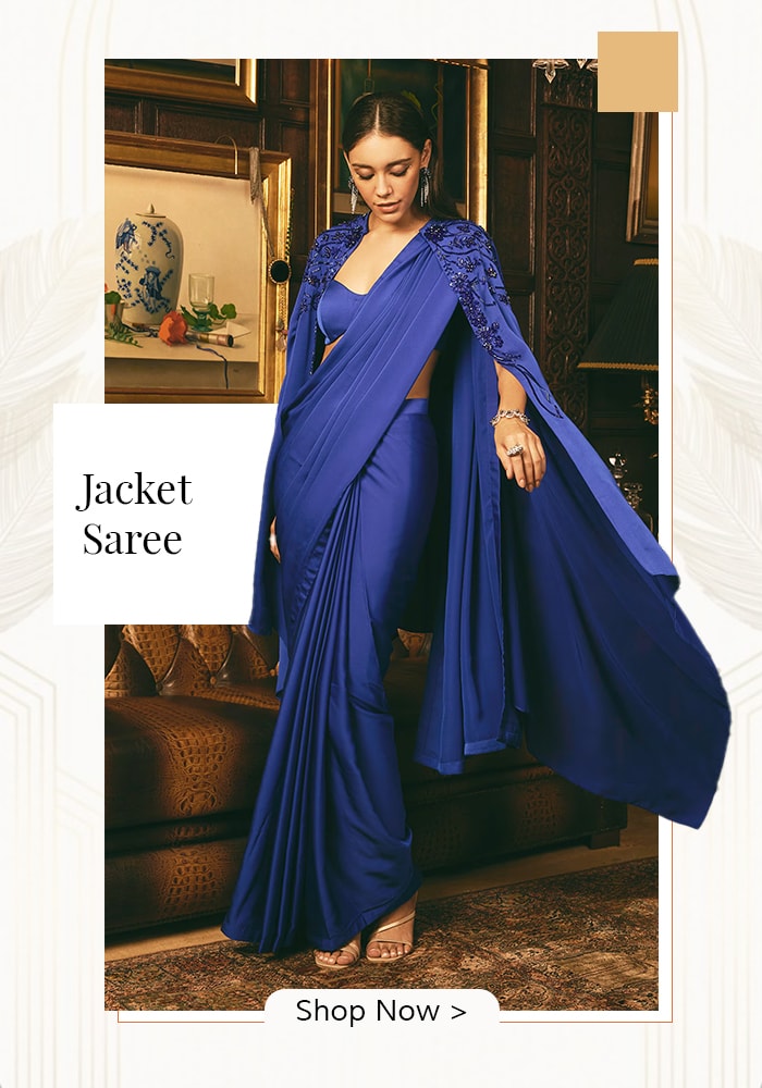 Model wearing blue jacket saree