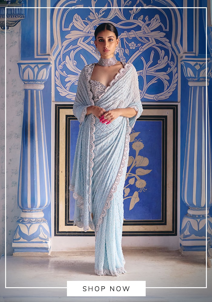 15 Showstopping Bridal Sarees Everyone Is Talking About Right Now 6 Blue pearl embellished saree