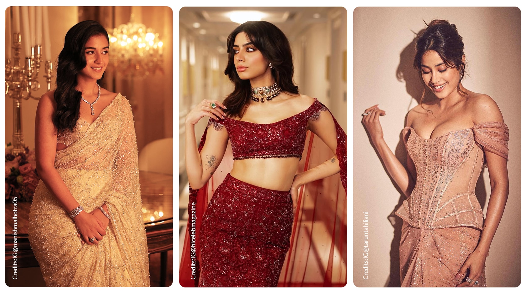 On the left Radhika Merchant in ivory crystal and pearl embellished saree, in the middle Khushi Kapoor in ruby red mermaid lehenga and in the right is Janhvi Kapoor in blush corset and draped skirt set
