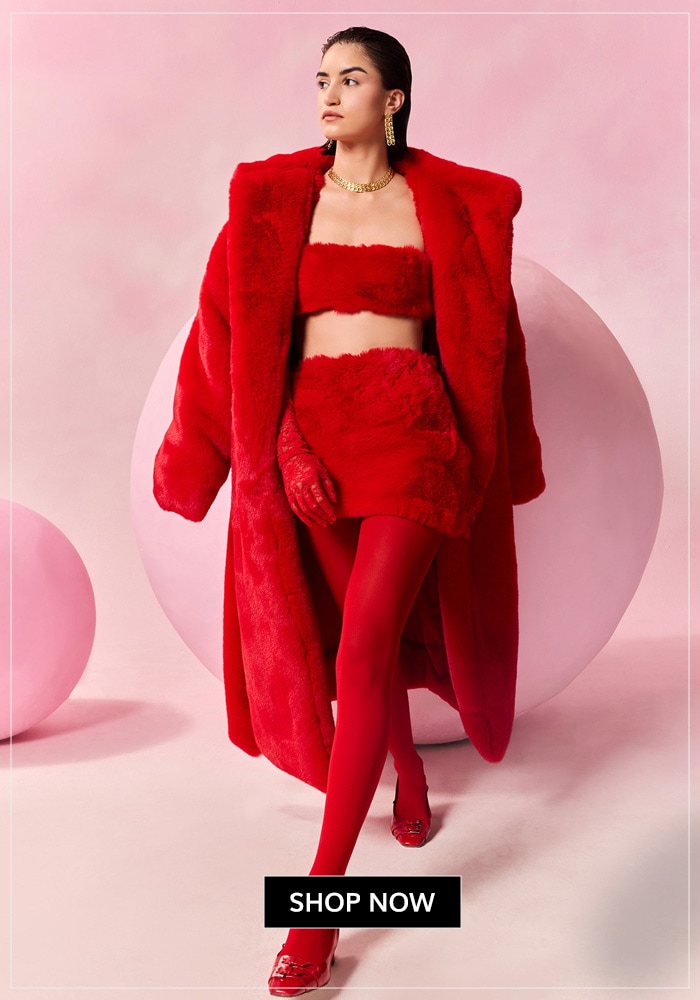 Red long faux fur coat