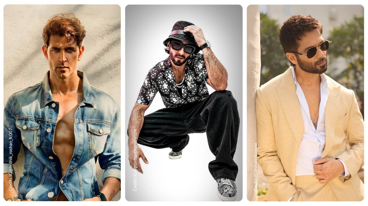 From the left, Hrithik Roshan wearing a jeans jacket, Ranveer Singh in the centre wearing black joggers and printed shirt, and Shahid Kapoor in the right wearing a beige blazer