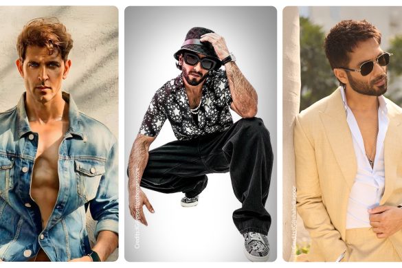 From the left, Hrithik Roshan wearing a jeans jacket, Ranveer Singh in the centre wearing black joggers and printed shirt, and Shahid Kapoor in the right wearing a beige blazer