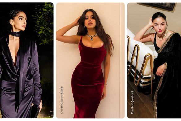 Sonam Kapoor in the left wearing midnight blue velvet blazer, Janhvi kapoor in the center wearing burgundy velvet dress and Alia Bhatt in the right wearing black velvet saree by Sabysachi