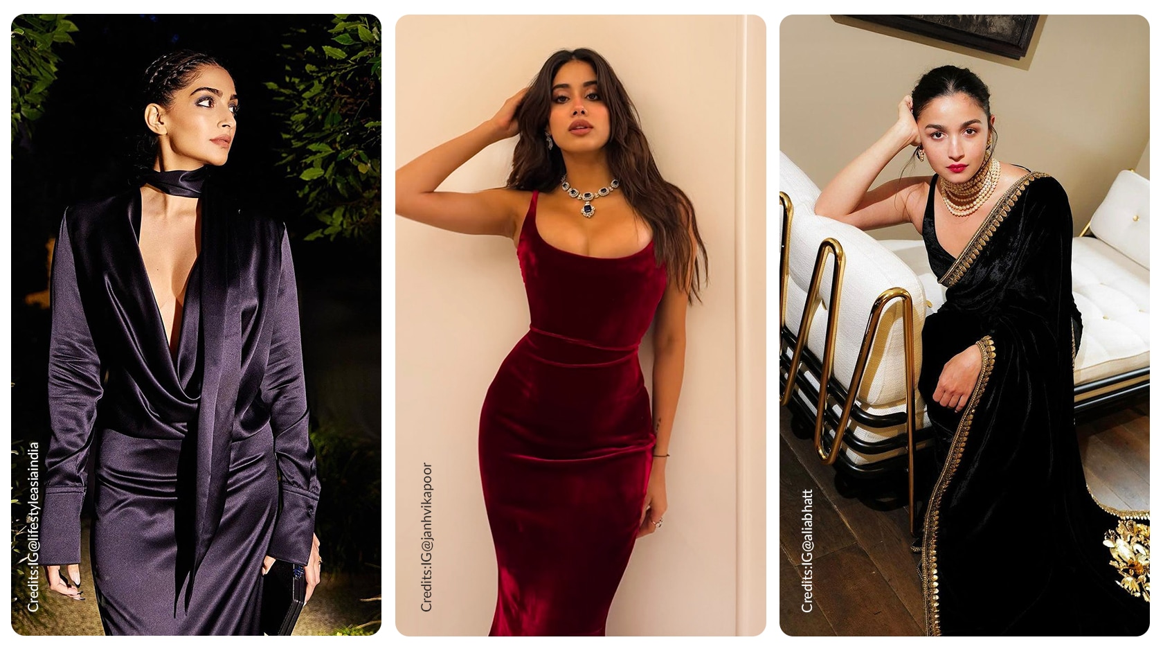 Sonam Kapoor in the left wearing midnight blue velvet blazer, Janhvi kapoor in the center wearing burgundy velvet dress and Alia Bhatt in the right wearing black velvet saree by Sabysachi