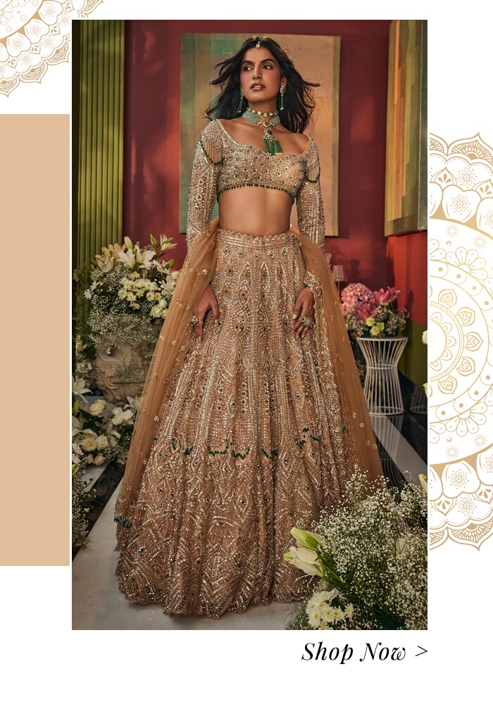 A Fairytale Indian Wedding at Oheka Castle: Bridal & Bridesmaid Fashion, Budget, and More 8 Gold net sequin lehenga