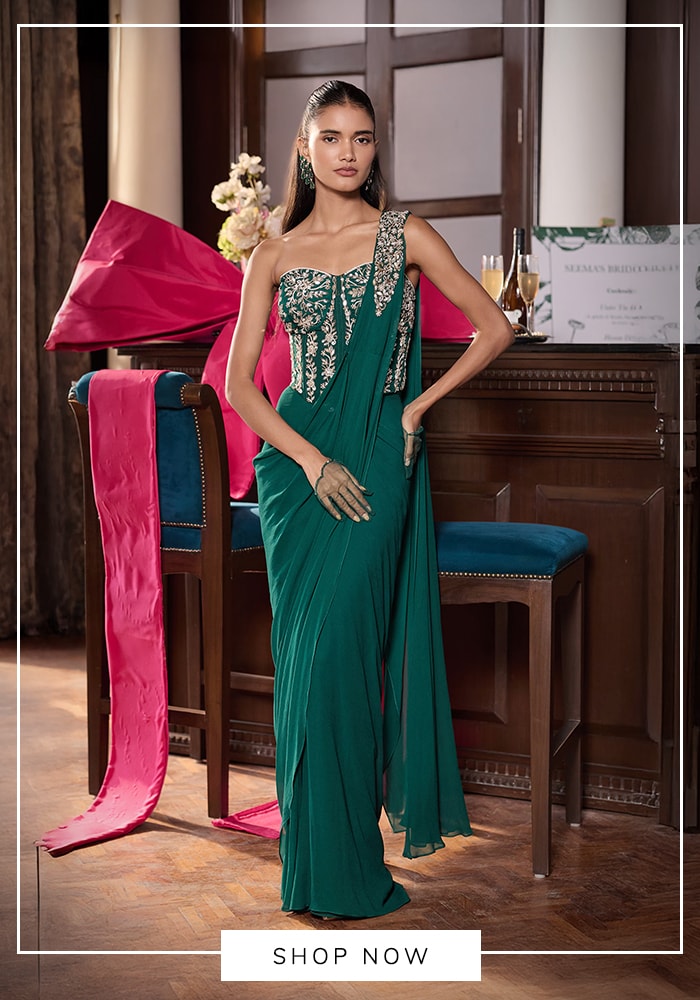 15 Showstopping Bridal Sarees Everyone Is Talking About Right Now 10 Green corset saree
