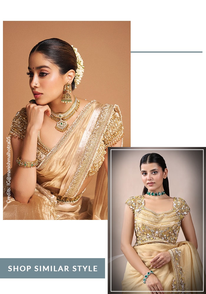 13 Celebrity-Approved Blouse Sleeve Designs You’ll Want to Copy for Weddings and Parties 1 Janhvi Kapoor inspired jewel-edge cap sleeves