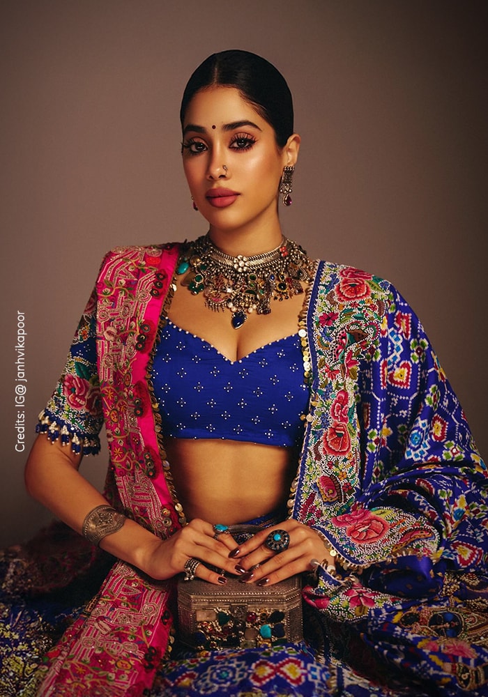 Janhvi Kapoor in blue lehenga with pink and blue dupatta