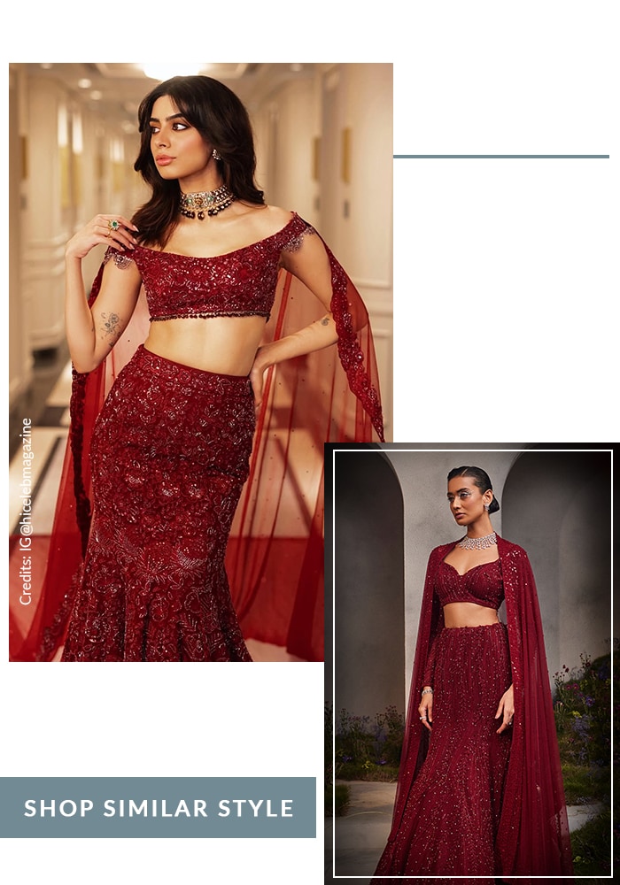 Khushi Kapoor in ruby red fishtail lehenga