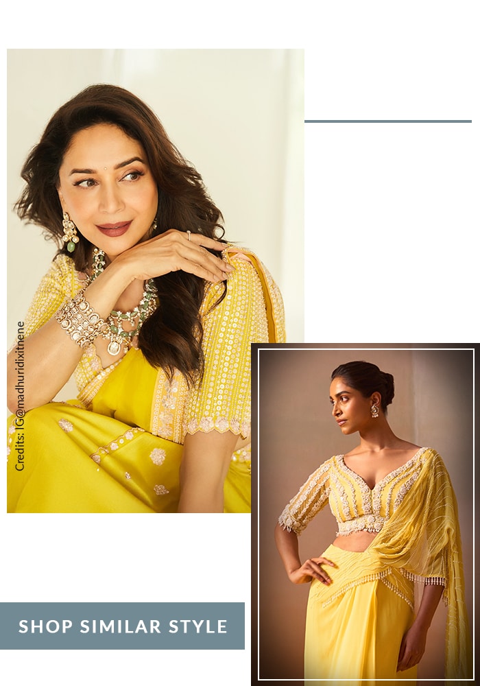 13 Celebrity-Approved Blouse Sleeve Designs You’ll Want to Copy for Weddings and Parties 8 Madhuri Dixit inspired mirror-work embellished cape sleeve