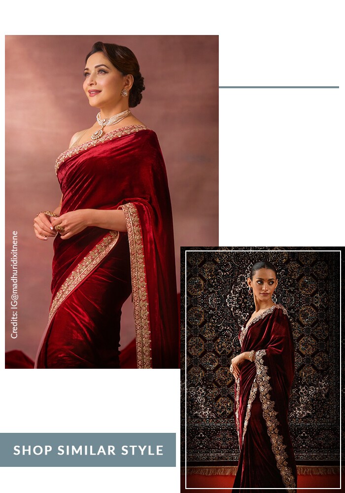 Madhuri Dixit Nene in red velvet saree with golden zari border