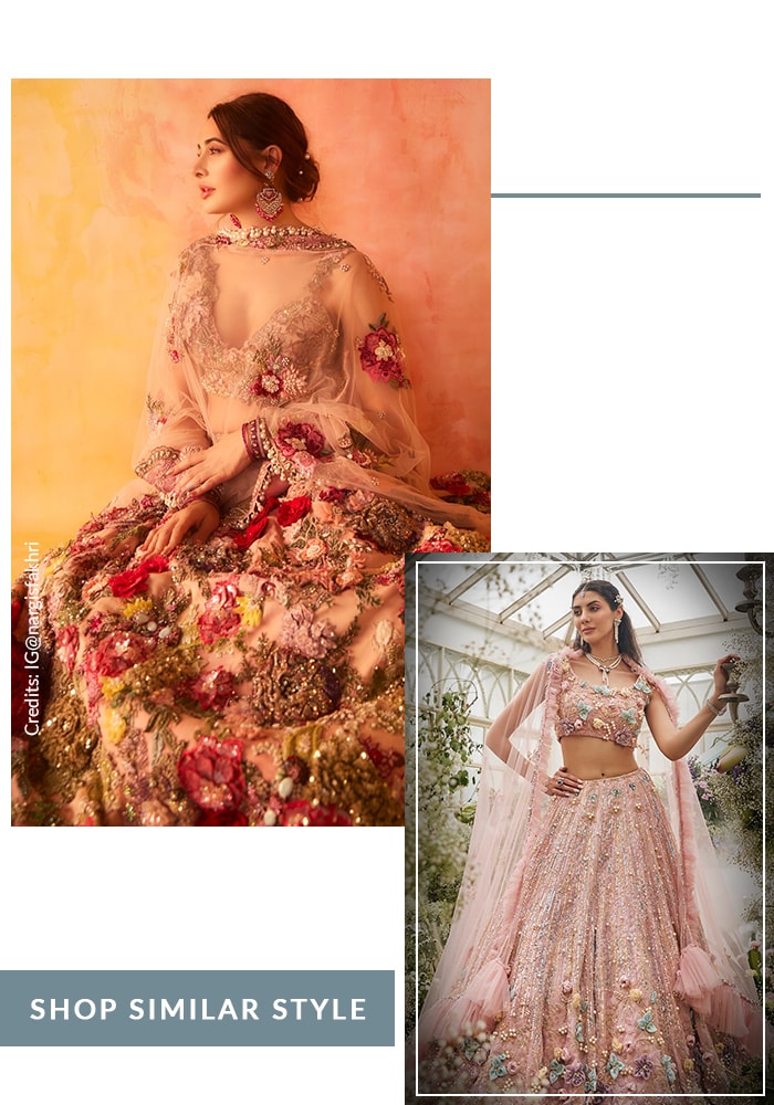 Nargis Fakhri in pink 3D applique embroidered lehenga