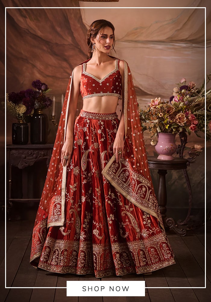 Orange velvet lehenga