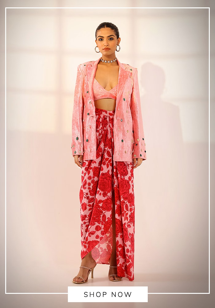 Pink embroidery embellished blazer and skirt set