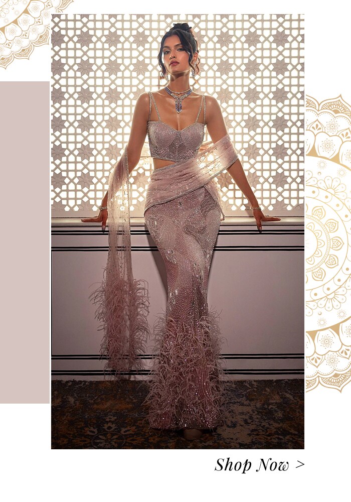 A Fairytale Indian Wedding at Oheka Castle: Bridal & Bridesmaid Fashion, Budget, and More 13 pre draped feather saree