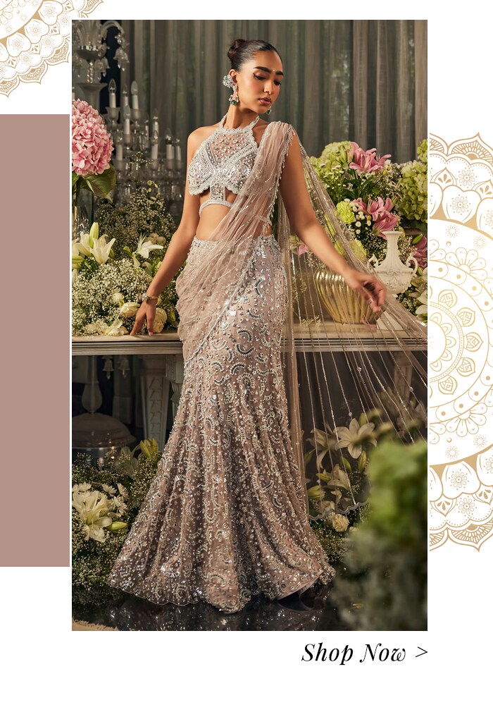 A Fairytale Indian Wedding at Oheka Castle: Bridal & Bridesmaid Fashion, Budget, and More 12 Pre draped skirt and blouse set
