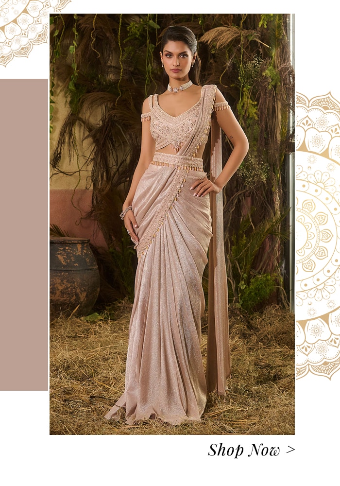 A Fairytale Indian Wedding at Oheka Castle: Bridal & Bridesmaid Fashion, Budget, and More 10 metallic pre-draped saree