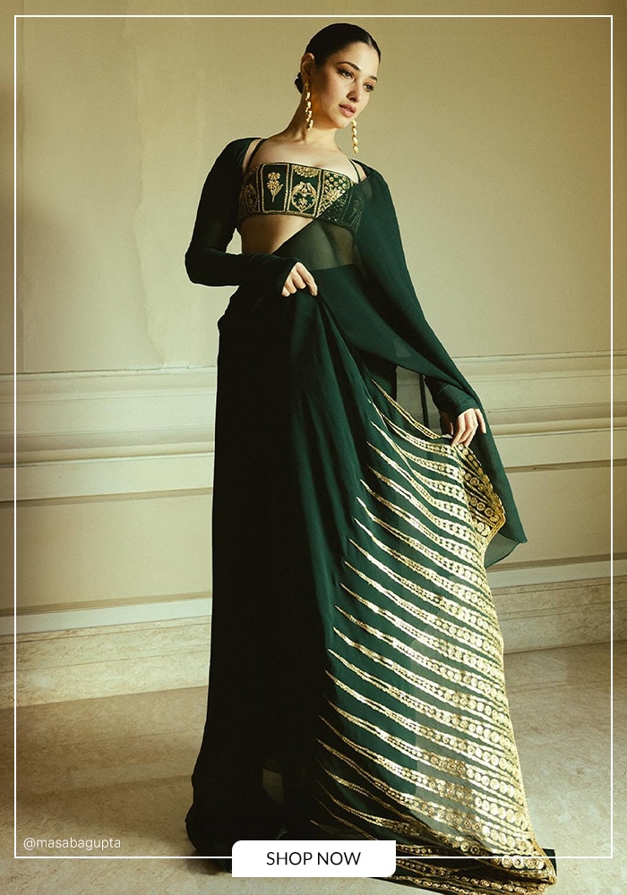 Masaba's pre-draped green saree on Tamannah Bhatia