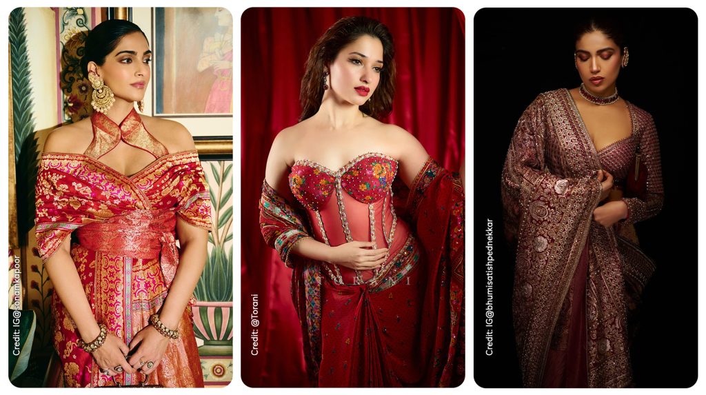 15 Showstopping Bridal Sarees Everyone Is Talking About Right Now 1 Sonam Kapoor in left wearing pink banarasi saree, Tamannah Bhatia wearing corset saree in the middle and bhumi pednekar wearing tissue saree in the right