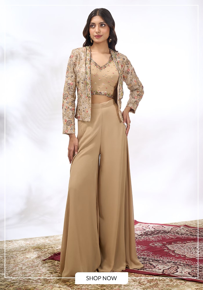 Beige embroidered cape and sharara set
