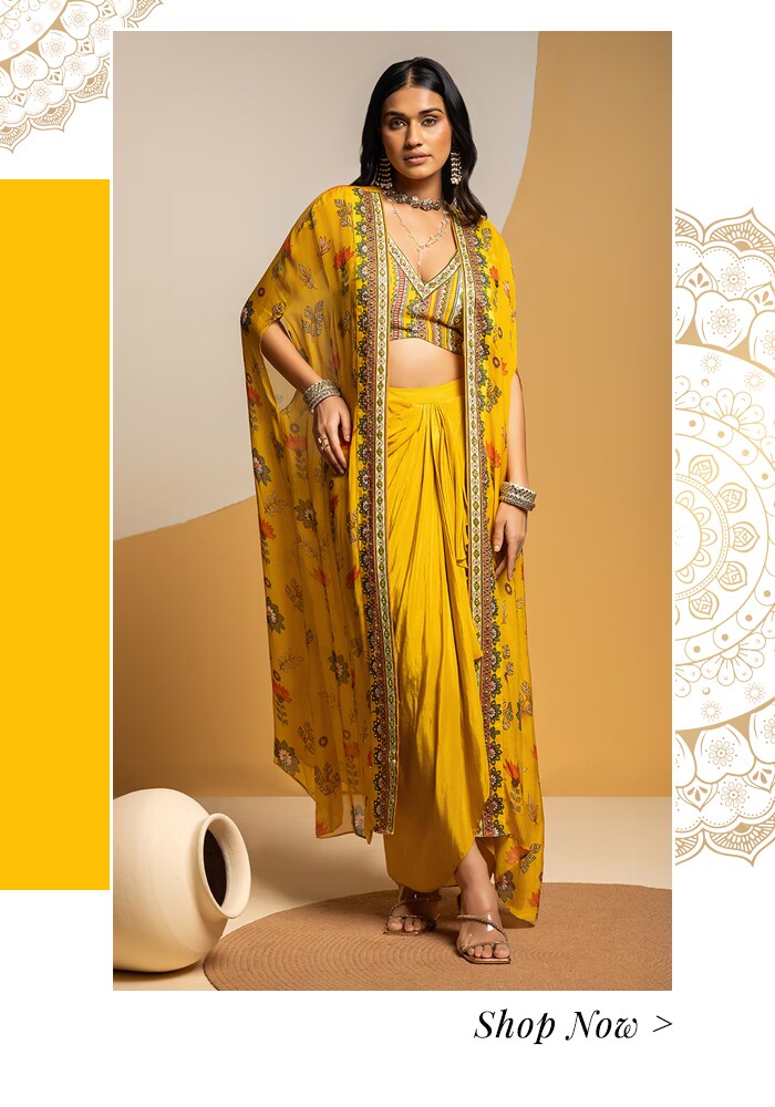 A Fairytale Indian Wedding at Oheka Castle: Bridal & Bridesmaid Fashion, Budget, and More 5 Yellow cape and dhoti set