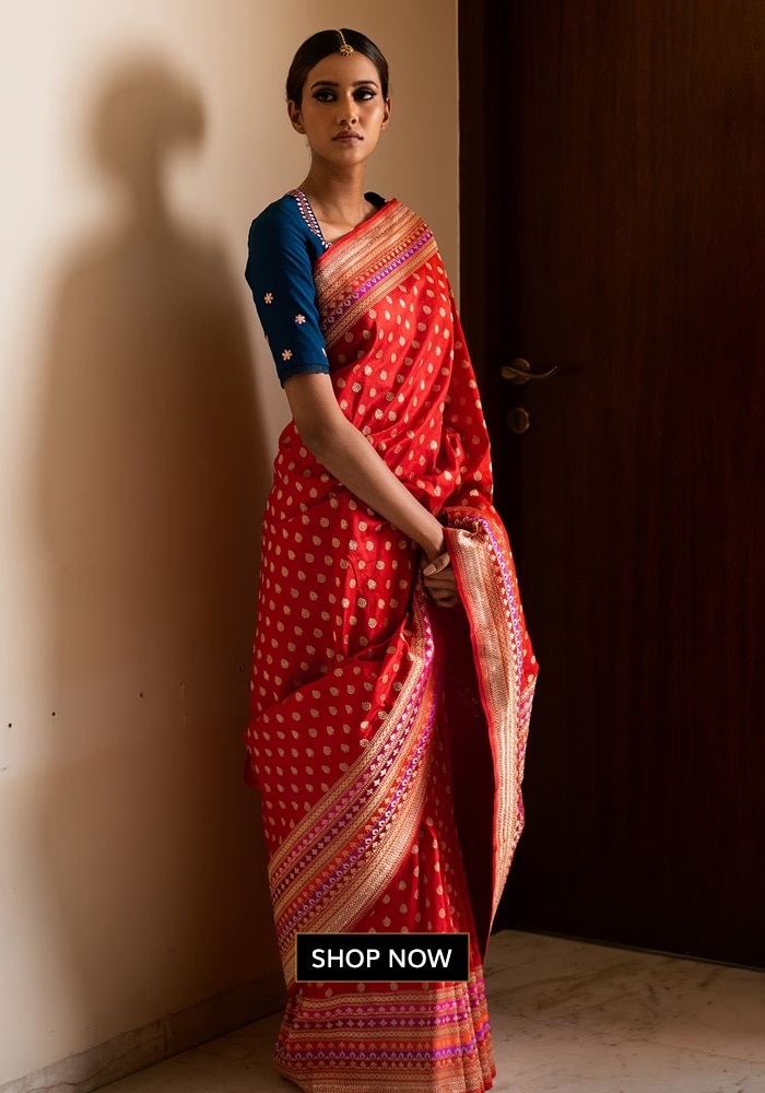 Red saree and blue blouse