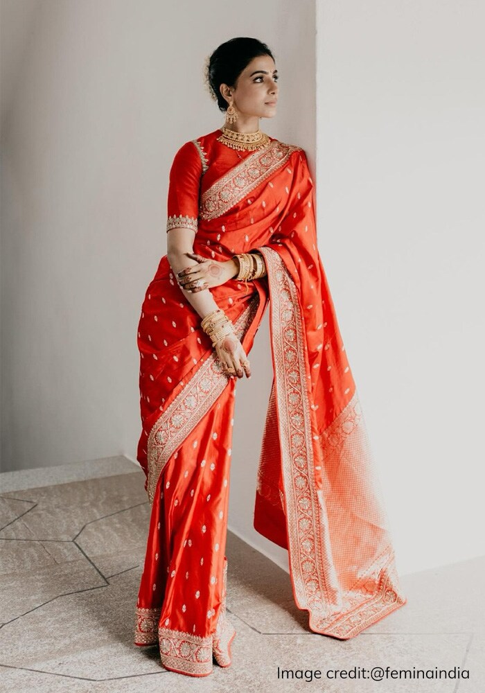 Samantha wearing Arpita Mehta red banarasi saree