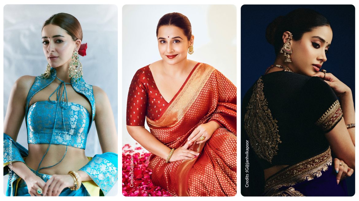 Ananya Panday, Vidya Balan and Janhvi Kapoor wearing modern saree blouses