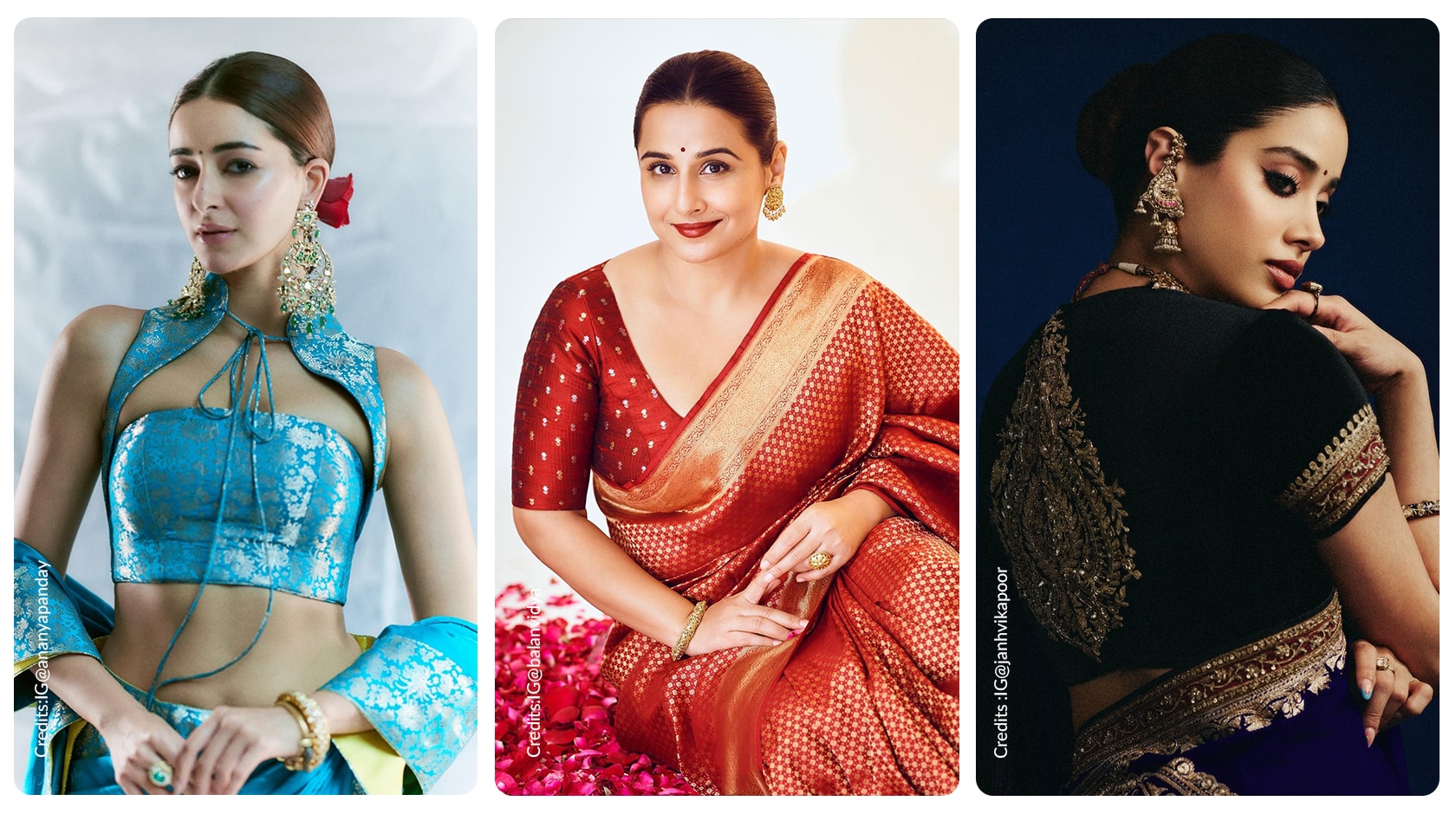 Ananya Panday, Vidya Balan and Janhvi Kapoor wearing modern saree blouses