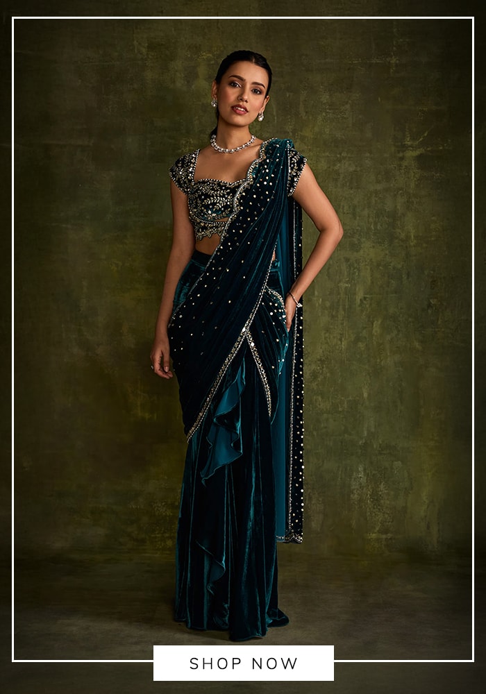 Blue velvet saree